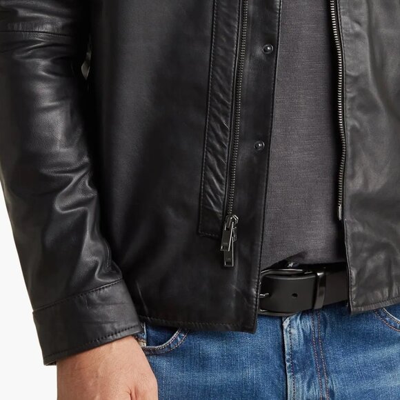 John Varvatos Men's Steve Leather Shirt Jacket Racer Collar Snap/Zip Front Black - Picture 4 of 6